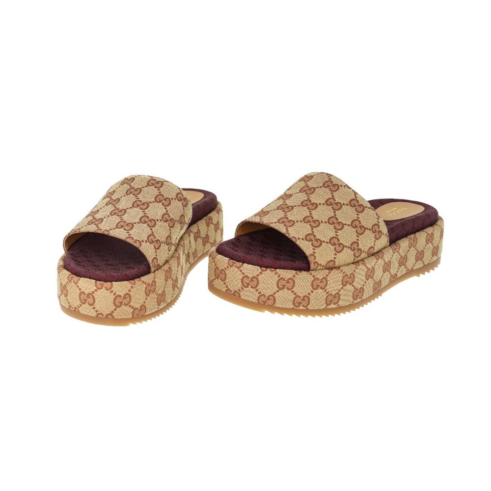 Gucci Beige Monogram Platform Slide Sandals with Burgundy Insole - Picture 2 of 16